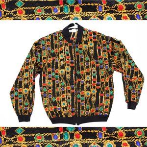 Vintage 80s Retro Maximalist Jewels and Gold Chain Motif Bold Impressions Bomber